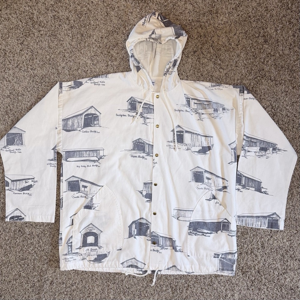 Vintage MICHIGAN RAG CO White Covered Bridge All Over Print Hooded Jacket Large